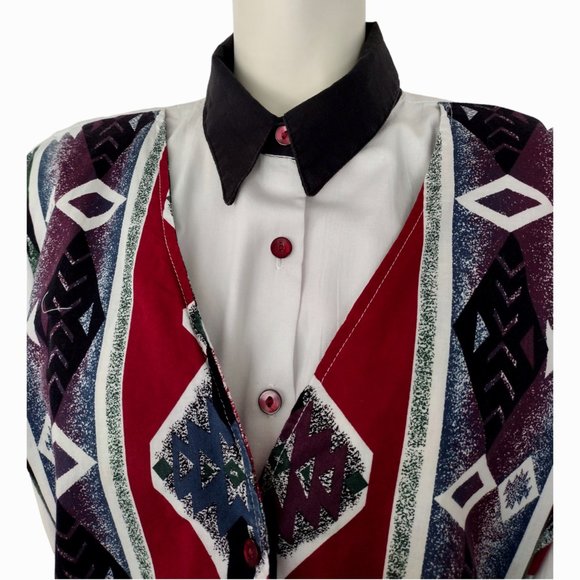 Vintage 1980s Tapestry Roll Tab Sleeve Button Down Faux Vest Shirt - Picture 9 of 15